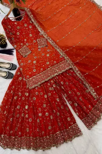 rust orange silk embroidered festive salwar suit set