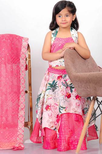 pink printed chiffon lehenga choli set