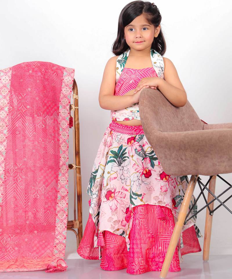 pink printed chiffon lehenga choli set