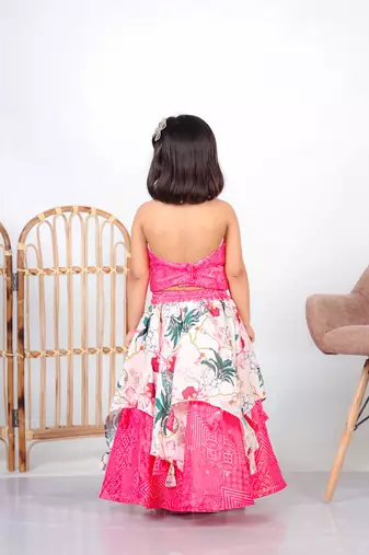 pink printed chiffon lehenga choli set