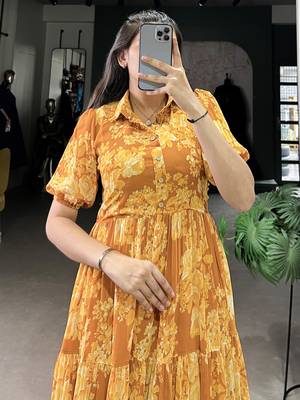 Stylish Mustard Yellow Flower Printed Georgette Summer Wear Dress 6
