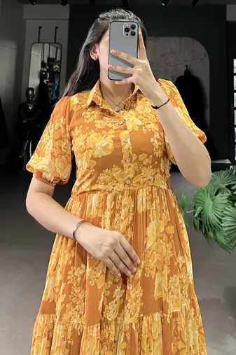 Stylish Mustard Yellow Flower Printed Georgette Summer Wear Dress