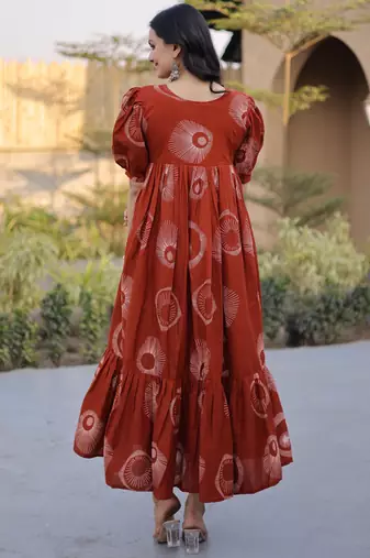 Glorious Rust Orange Printed Cotton Office Wear Dress