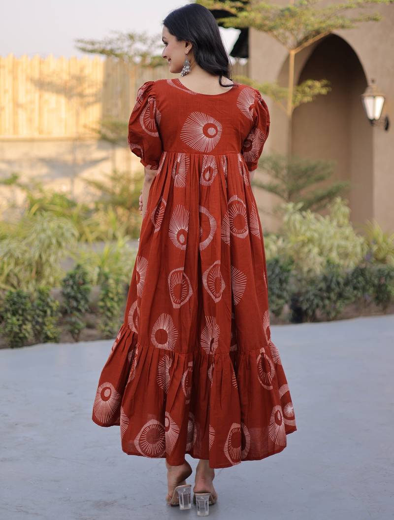 Glorious Rust Orange Printed Cotton Office Wear Dress