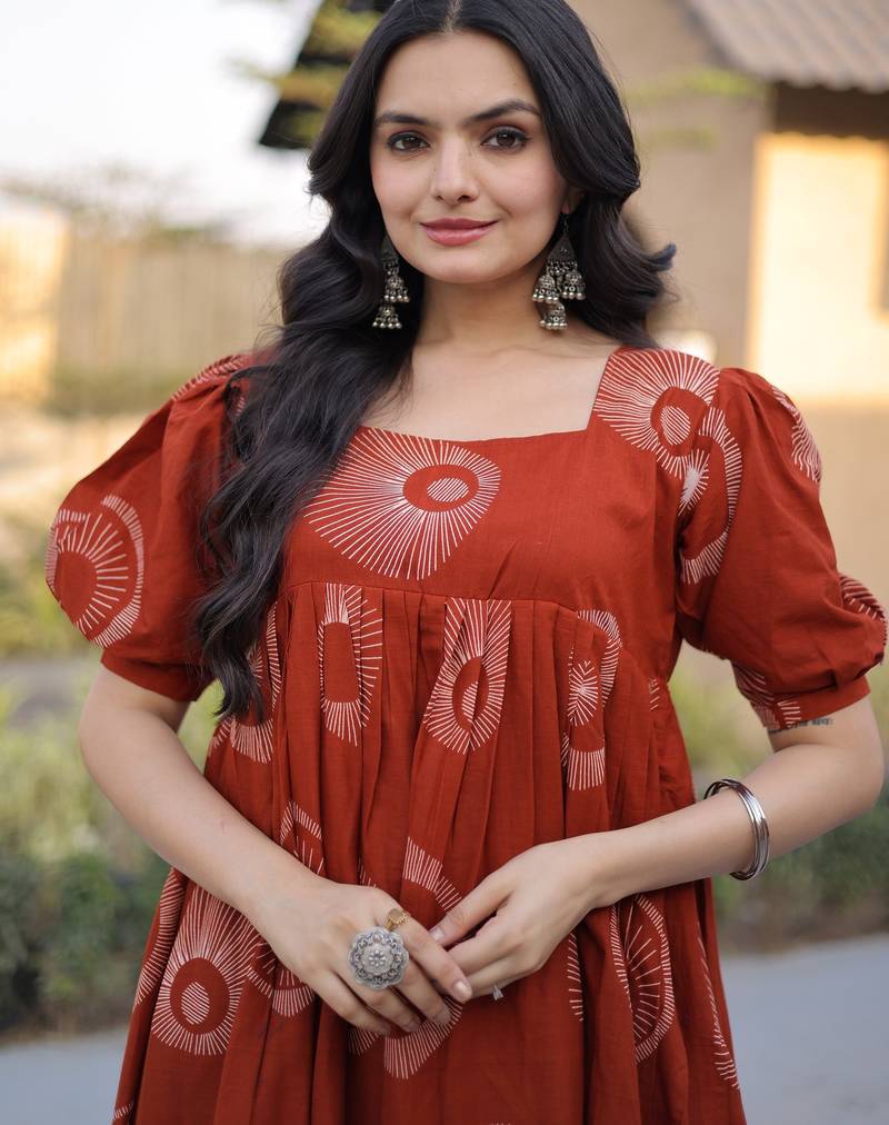 Glorious Rust Orange Printed Cotton Office Wear Dress