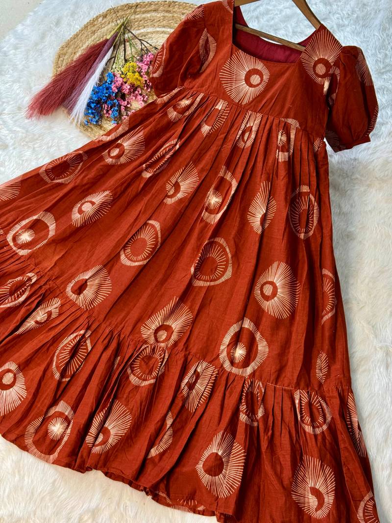 Glorious Rust Orange Printed Cotton Office Wear Dress