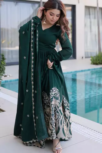 Amazing Bottle Green Sequins Crushed Mehendi Wear Gown With Dupatta