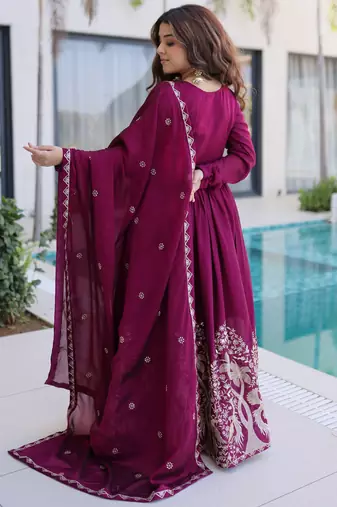Exceptional Wine Multi Thread Work Crushed Gown With Dupatta