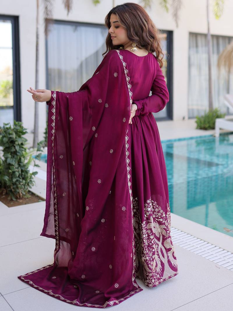 Exceptional Wine Multi Thread Work Crushed Gown With Dupatta