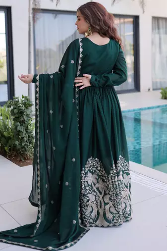 Amazing Bottle Green Sequins Crushed Mehendi Wear Gown With Dupatta