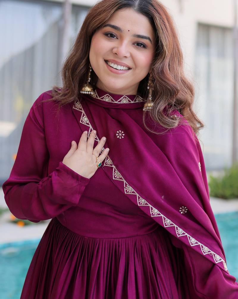 Exceptional Wine Multi Thread Work Crushed Gown With Dupatta