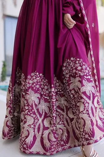 Exceptional Wine Multi Thread Work Crushed Gown With Dupatta