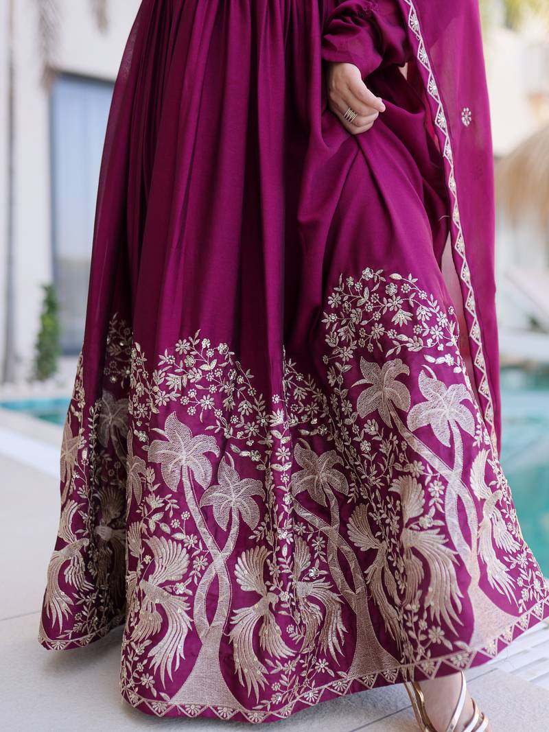 Exceptional Wine Multi Thread Work Crushed Gown With Dupatta