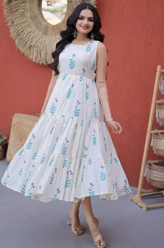 Fabulous Sky Blue Printed Cotton Daily Wear Dress