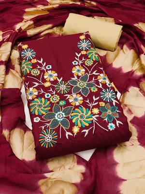 Stylish slub cotton embroidered dress material with dyable chanderi dupatta 2