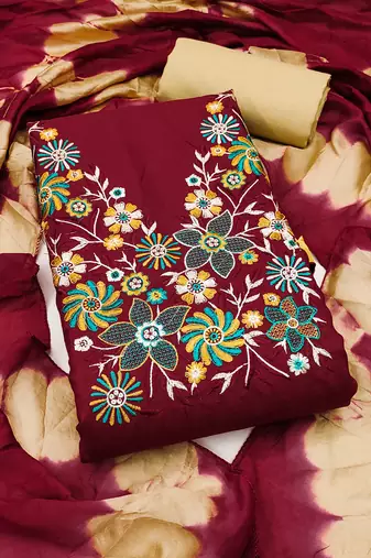 Stylish slub cotton embroidered dress material with dyable chanderi dupatta