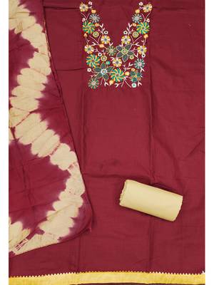 Stylish slub cotton embroidered dress material with dyable chanderi dupatta 3