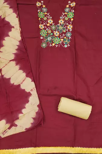 Stylish slub cotton embroidered dress material with dyable chanderi dupatta
