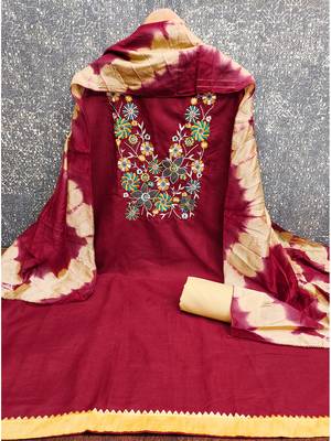 Stylish slub cotton embroidered dress material with dyable chanderi dupatta 4