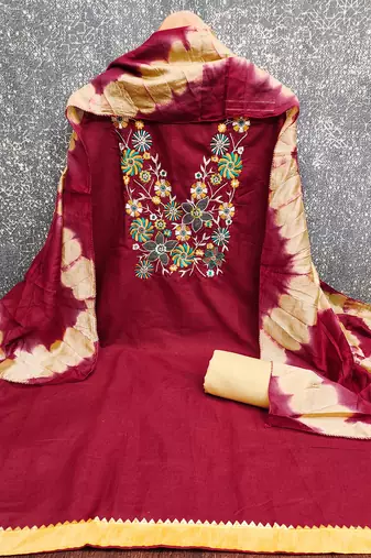 Stylish slub cotton embroidered dress material with dyable chanderi dupatta