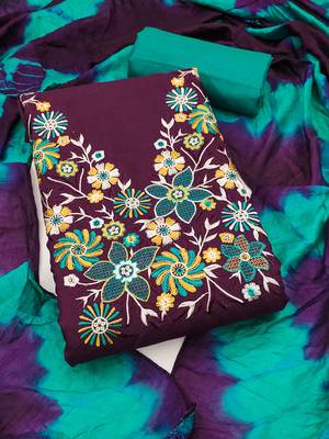 Stylish slub cotton embroidered dress material with dyable chanderi dupatta 2