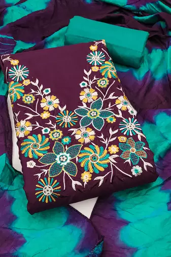 Stylish slub cotton embroidered dress material with dyable chanderi dupatta