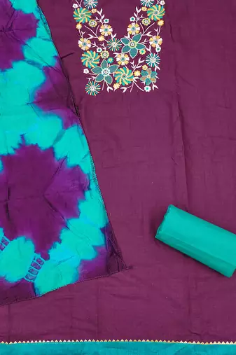 Stylish slub cotton embroidered dress material with dyable chanderi dupatta