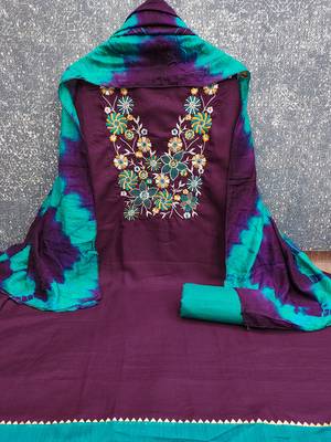Stylish slub cotton embroidered dress material with dyable chanderi dupatta 4