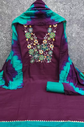 Stylish slub cotton embroidered dress material with dyable chanderi dupatta