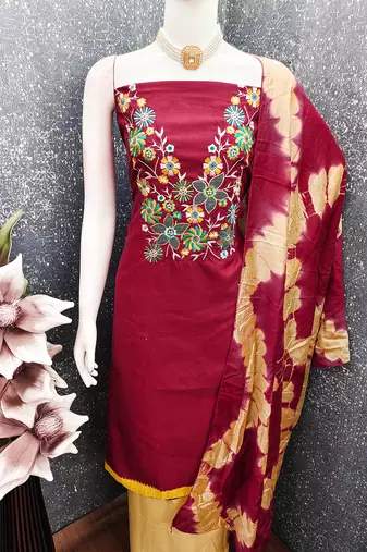 Stylish slub cotton embroidered dress material with dyable chanderi dupatta