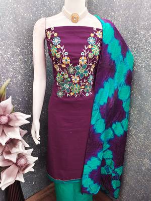 Stylish slub cotton embroidered dress material with dyable chanderi dupatta 6