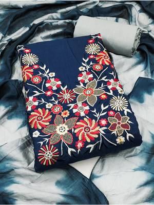 Stylish slub cotton embroidered dress material with dyable chanderi dupatta 2