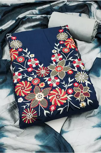 Stylish slub cotton embroidered dress material with dyable chanderi dupatta