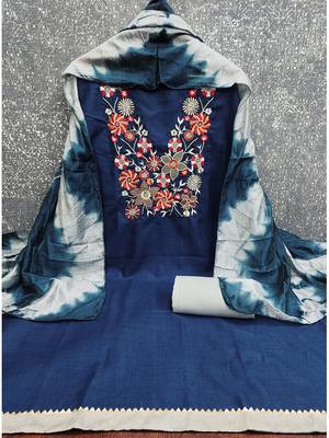 Stylish slub cotton embroidered dress material with dyable chanderi dupatta 4