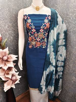 Stylish slub cotton embroidered dress material with dyable chanderi dupatta 6