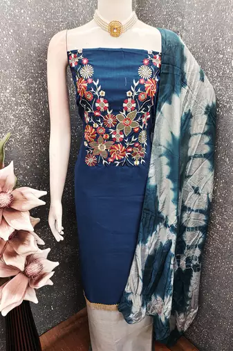 Stylish slub cotton embroidered dress material with dyable chanderi dupatta