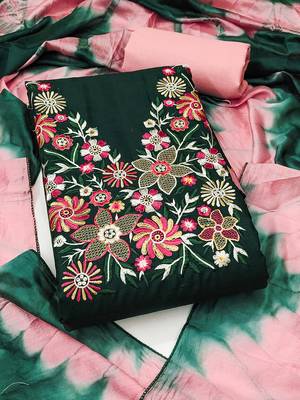 Stylish slub cotton embroidered dress material with dyable chanderi dupatta 2