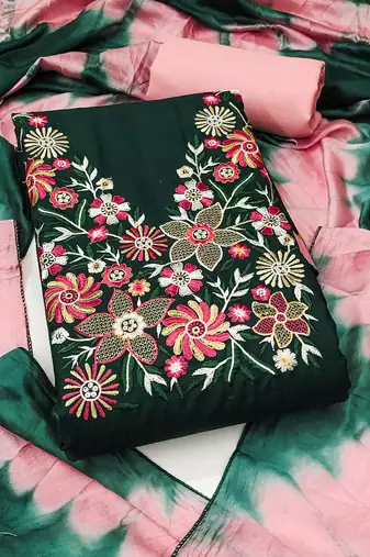 Stylish slub cotton embroidered dress material with dyable chanderi dupatta