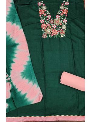 Stylish slub cotton embroidered dress material with dyable chanderi dupatta 3