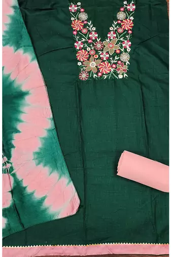 Stylish slub cotton embroidered dress material with dyable chanderi dupatta