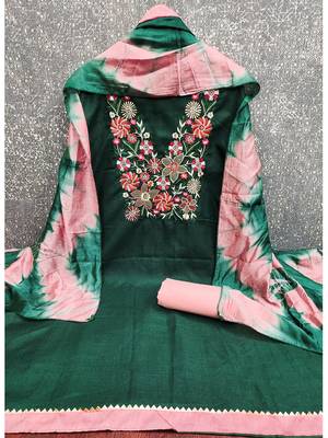 Stylish slub cotton embroidered dress material with dyable chanderi dupatta 4