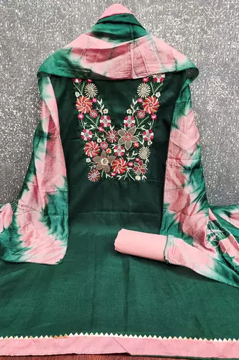 Stylish slub cotton embroidered dress material with dyable chanderi dupatta