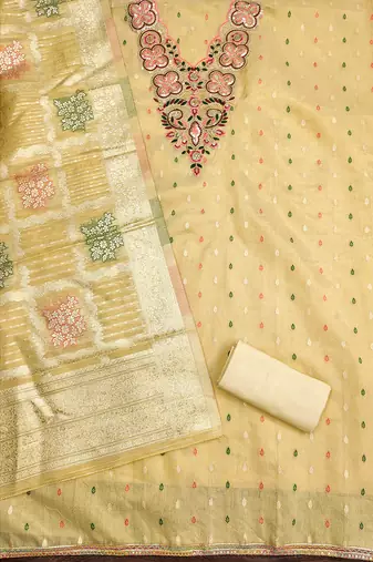 Elegant simmer butti embroidered dress material with jacquard dupatta & santoon bottom