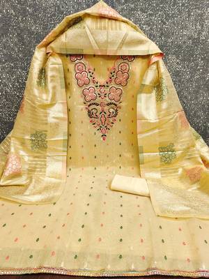 Elegant simmer butti embroidered dress material with jacquard dupatta & santoon bottom 4