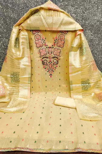 Elegant simmer butti embroidered dress material with jacquard dupatta & santoon bottom
