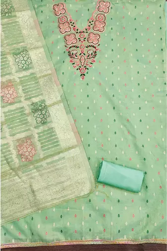 Elegant simmer butti embroidered dress material with jacquard dupatta & santoon bottom