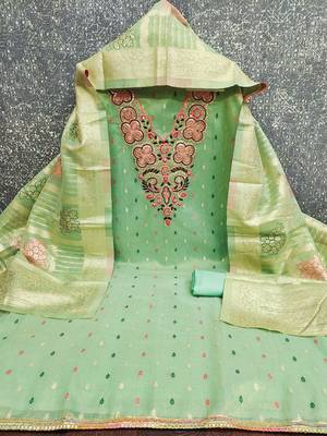 Elegant simmer butti embroidered dress material with jacquard dupatta & santoon bottom 4