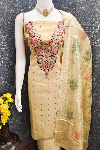 Elegant simmer butti embroidered dress material with jacquard dupatta & santoon bottom