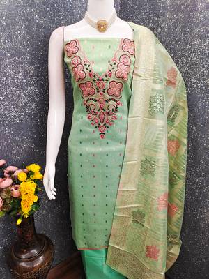 Elegant simmer butti embroidered dress material with jacquard dupatta & santoon bottom 5