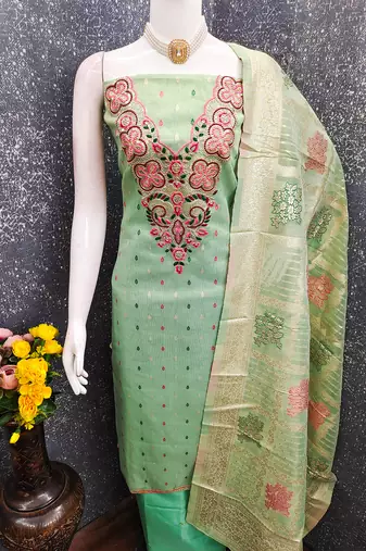 Elegant simmer butti embroidered dress material with jacquard dupatta & santoon bottom